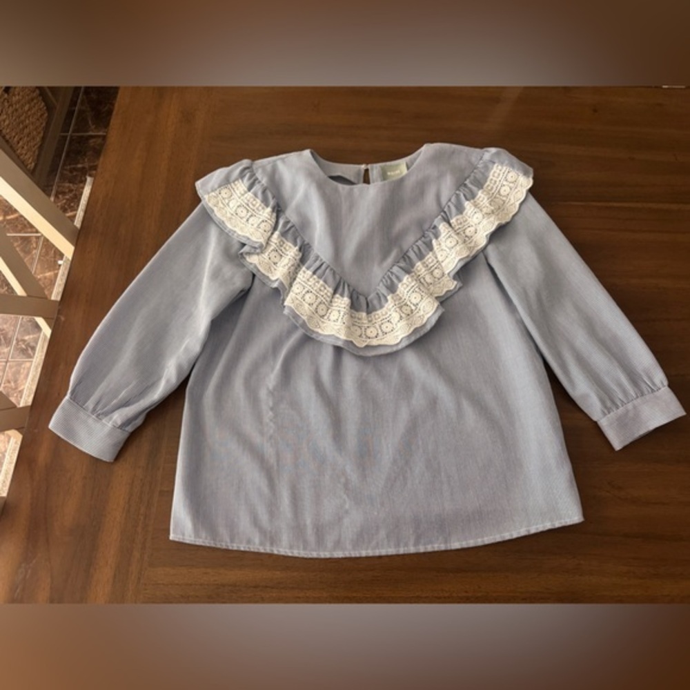 Maeve Light Blue Blouse with Lace Ruffle Small